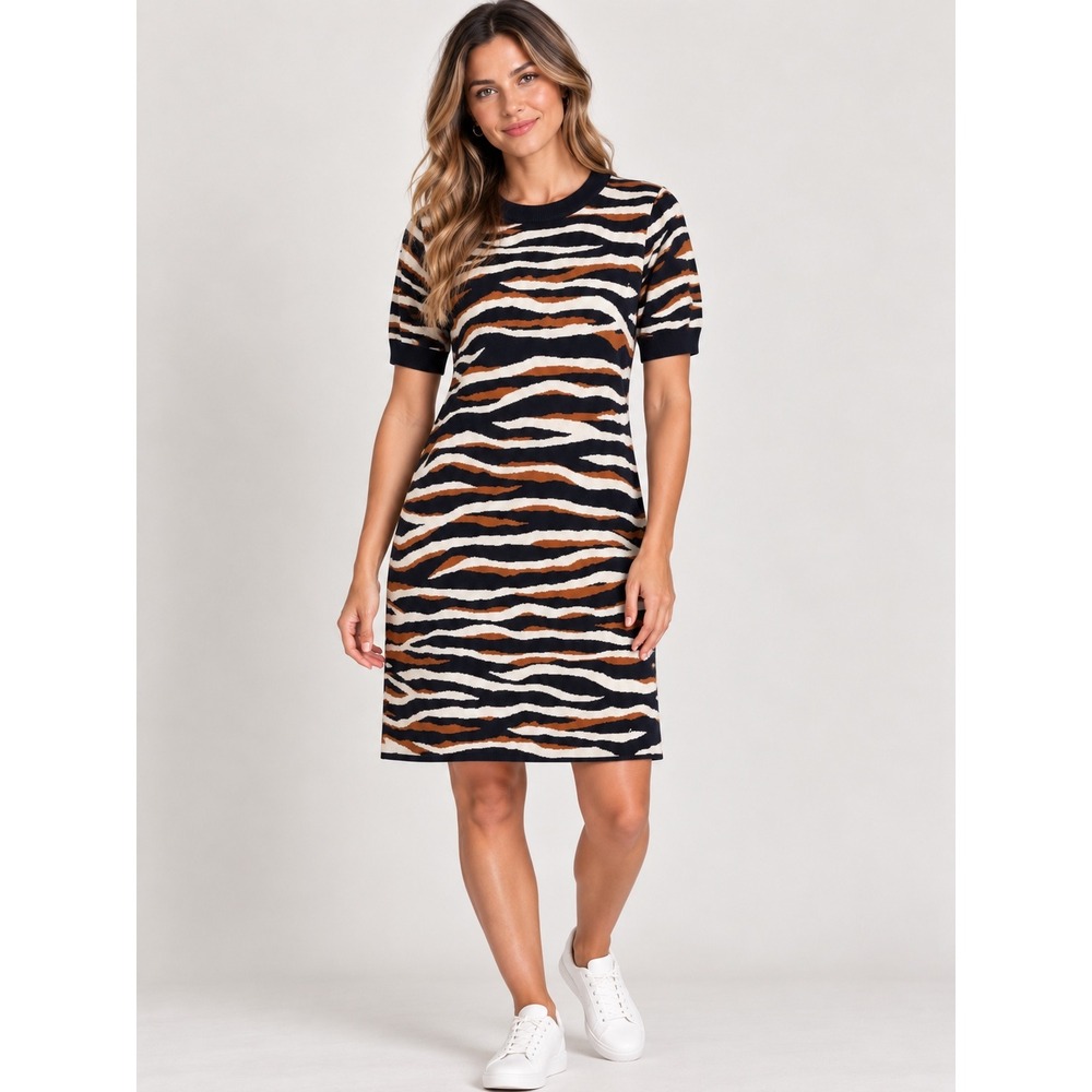 Ann Taylor Navy Cognac Zebra Print Short Sleeve Sweater Dress Large Avante Garde